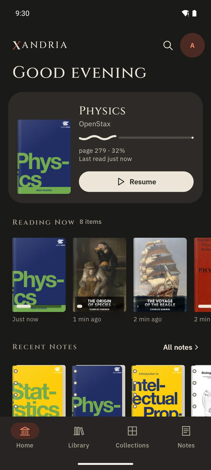 Xandria on Android: Home with the same physics textbook ready to resume.