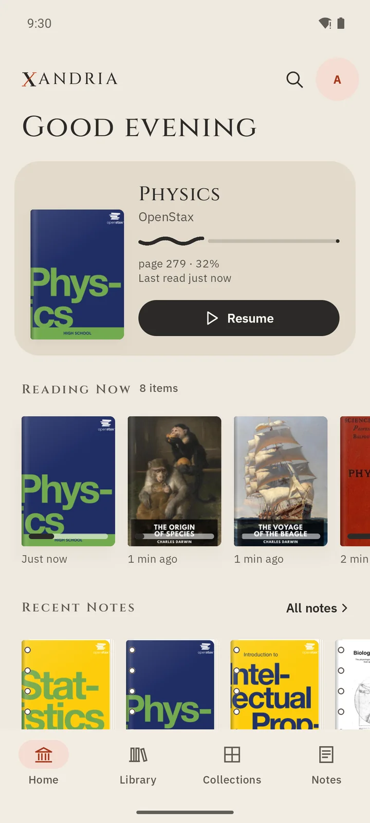 Xandria on Android: Home with the same physics textbook ready to resume.